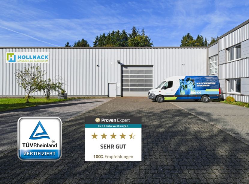 Außenaufnahme des Firmengebäudes der Hollnack GmbH – moderner Standort eines zertifizierten Schweißfachbetriebs in NRW